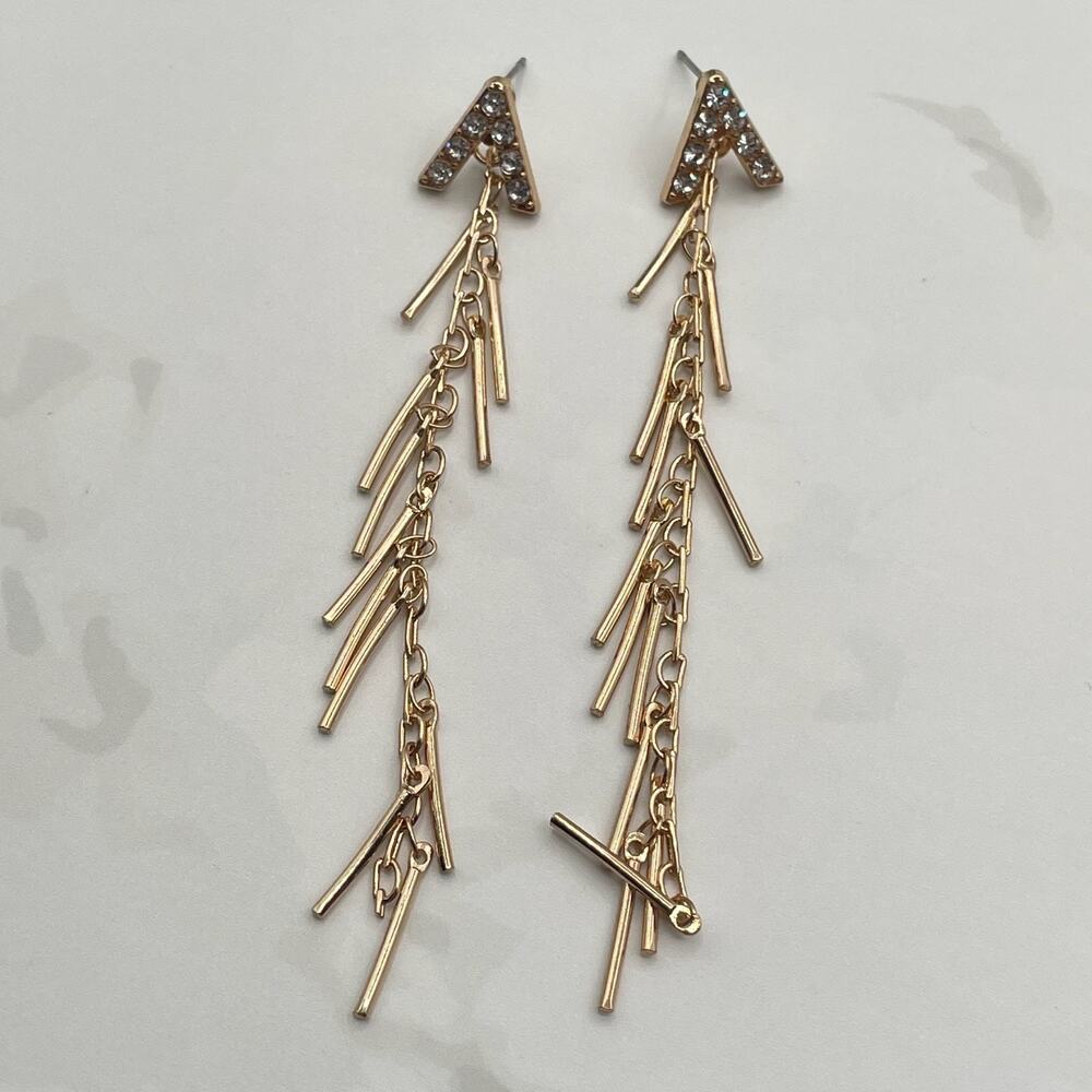 Vintage Gold-Tone Linear Landmark Fringe Post Earrings with Rhinestones Fashion